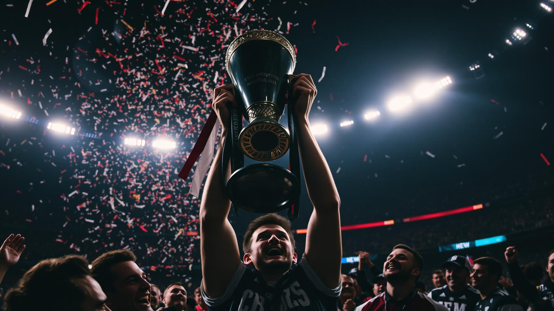 Champion lifting a trophy amid confetti